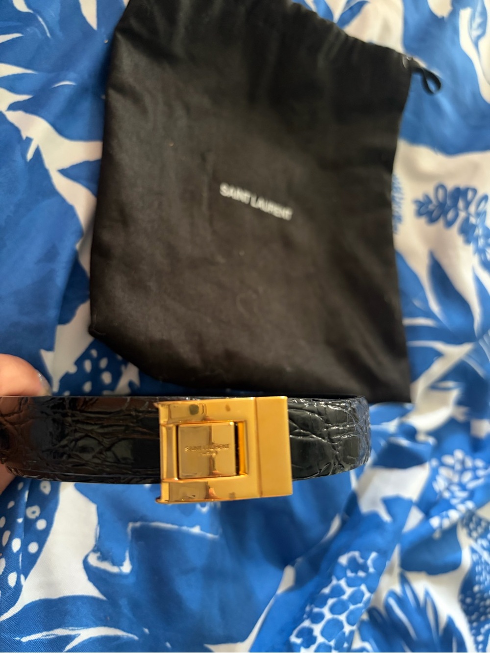 Saint Laurent Black Croc-Effect Leather Belt with Gold-Tone Square Buckle